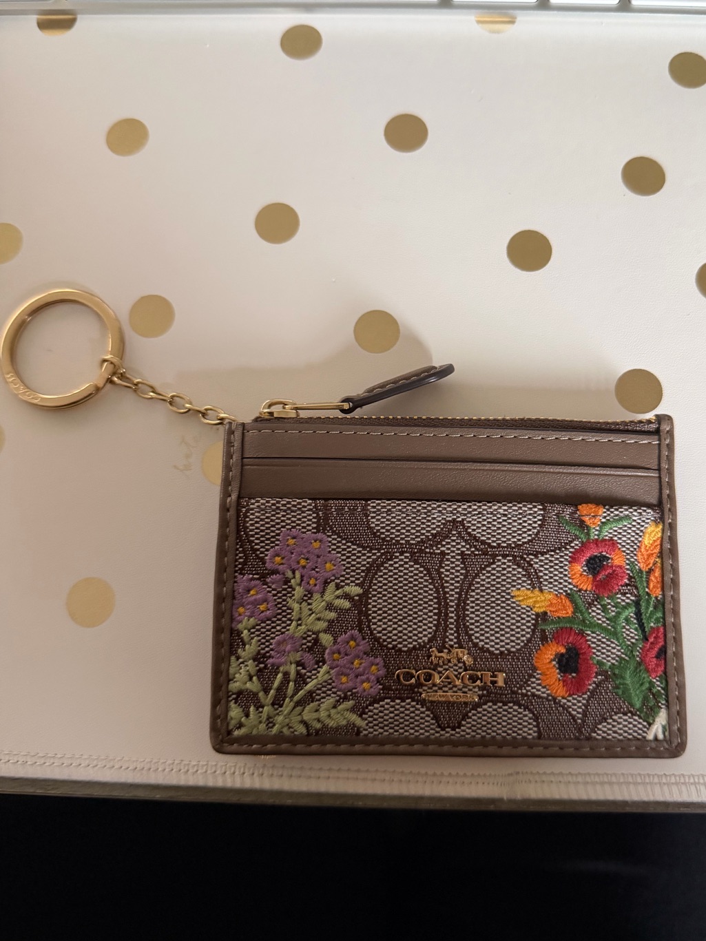 Coach Floral Signature Card Case With Gold Keyring